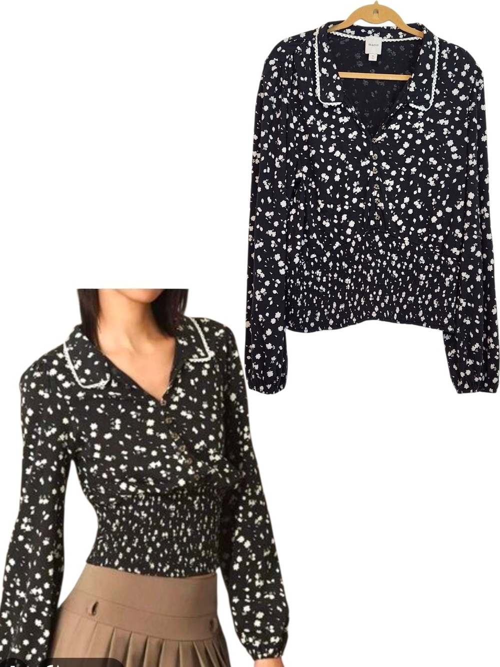 Maeve Anthropologie Black White Ditsy Floral Smocked Hem Top Peter Pan Collar XL